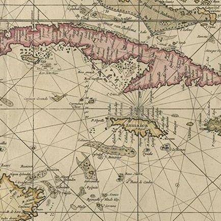 Engraving of a Map of Florida, the Gulf Coast, Caribbean & Central America, 1728, close-up 1