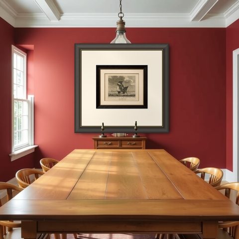 American Privateer Captures an English Packet Boat, 1777 Maritime Engraving, shown framed in a room