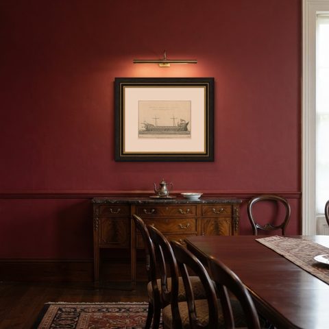 Original Antique Print of an Ancient Galley, 1802, shown framed in a room