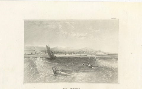 Antique Engraving of Rio de Janeiro, Harbor View by Schröder & Kunike, 1830s, close-up 1
