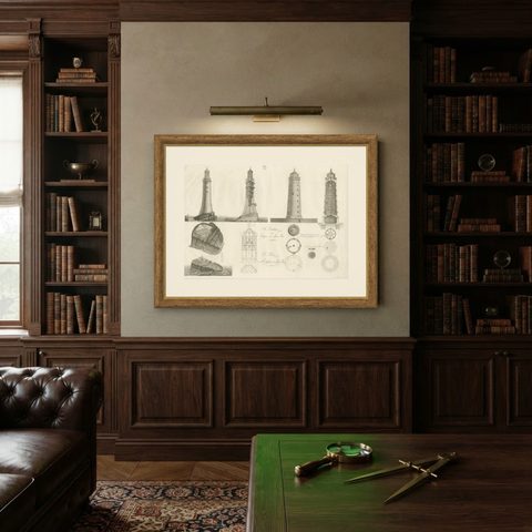 Lighthouse Architecture & Engineering Engravings, Set of 3, c. 1800, shown framed on a wall