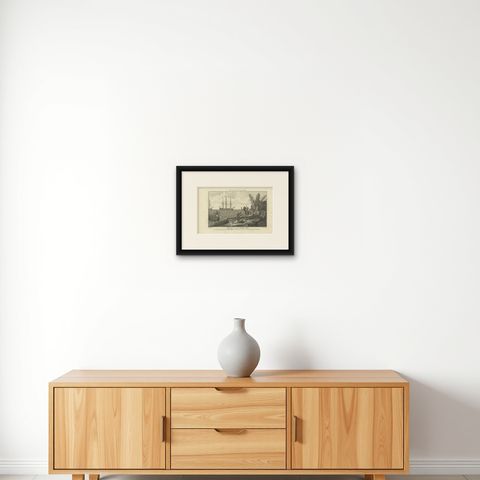 Moskito Men Reunion, Juan Fernandez Island, Dampier Voyage Engraving, ca.1789, shown framed on a wall