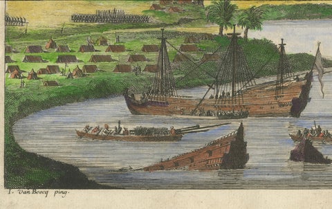 Cortés Scuttling Ships at Veracruz, Hand-Colored Engraving by Van Beecq, c.1690, close-up 1
