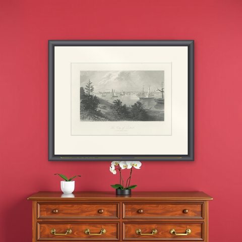 The City of Detroit, View from Canadian Shore, Antique Harbor Engraving, c.1872, shown framed on a wall