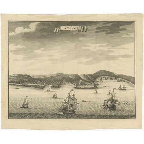 Antique Print of Kannur or Cananore with Ships, in Kerala, India, 1726, view 2