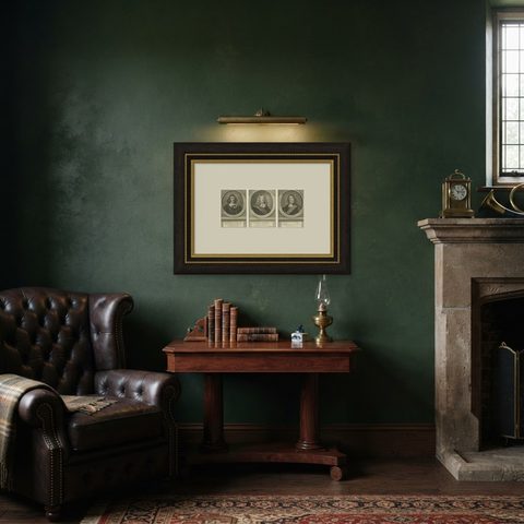 Dutch Naval Leaders, Florisz, Sweers, and Van Nes, c.1750 Copper Engravings, shown framed in a room