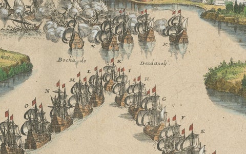 Venetian Fleet vs. Ottoman Turks, Dardanelles Naval Battle Engraving, 1656, close-up 5