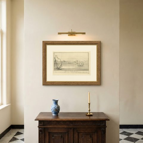 Old Alexandria Harbor, Antique Egypt Engraving by Norden & Tuscher, 1755, shown framed on a wall