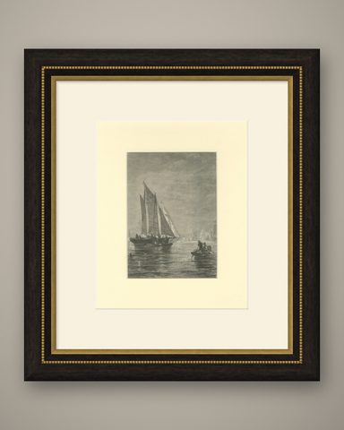 19th-Century Maritime Engraving, Fishing Boats and Rowers at Sea, shown framed