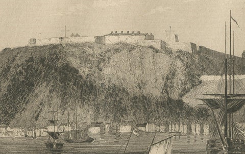 Antique View of Quebec City from the Water, Canadian Harbour Scene, c.1850, close-up 1