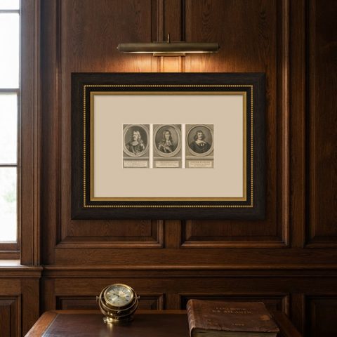 Set of Three Dutch Naval Portraits, Tromp, Van Ghend, and Florisz, c.1700s, shown framed on a wall