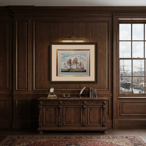 Antique Print of a Naval Vessel by Mortier '1695', shown framed in a room
