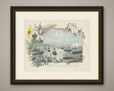 Naval lithograph of Russian fleet arriving in Toulon, France, in 1893, shown framed