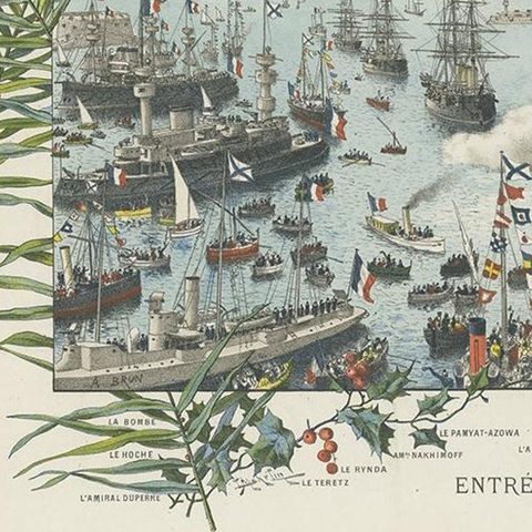 Naval lithograph of Russian fleet arriving in Toulon, France, in 1893, close-up 1