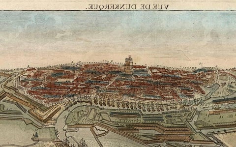 Spectacular 1770 Bird's-Eye View of Dunkirk Harbor by Basset, with 66 Landmarks, close-up 1