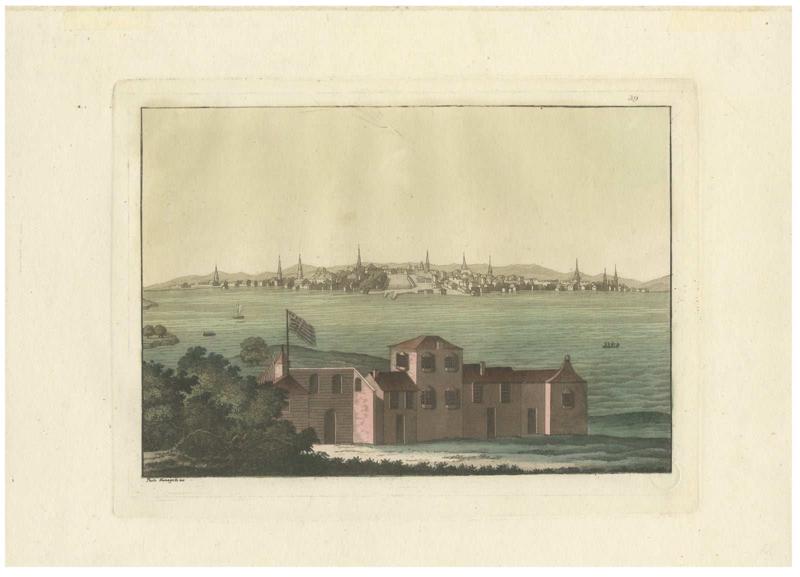 Boston Harbor View from Castle William, Hand-Colored Aquatint by Fumagalli, 1827