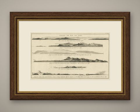 Dutch Antique Engraving with Coastal Views of Asia by Cook, 1803, shown framed