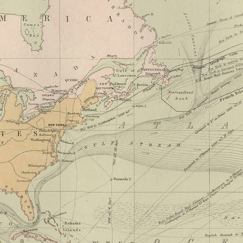 Antique Chart of the Atlantic Ocean, Europe to North America Route, 1870, close-up 3