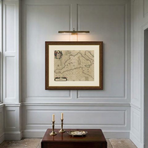 Original Antique Engraving of a Sea Chart of the Western Mediterranean, ca.1650, shown framed on a wall