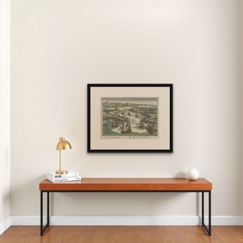 Dardanelles Strait, Ottoman Turkey, Probst Optical View with Ships, c.1770, shown framed on a wall