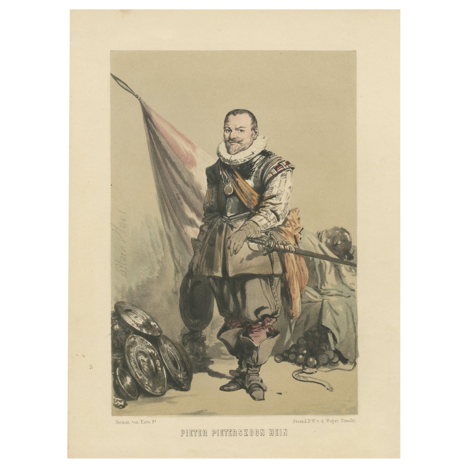 Pieter Pieterszoon Hein, Dutch Naval Hero, 19th-Century Hand-Colored Lithograph