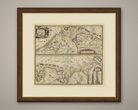 Antique Engraving of Dutch and German North Sea Coast of Friesland, ca.1680, shown framed
