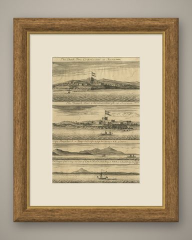 Rare Engraving of Dutch and Danish Forts on the West African Gold Coast, 1744, shown framed