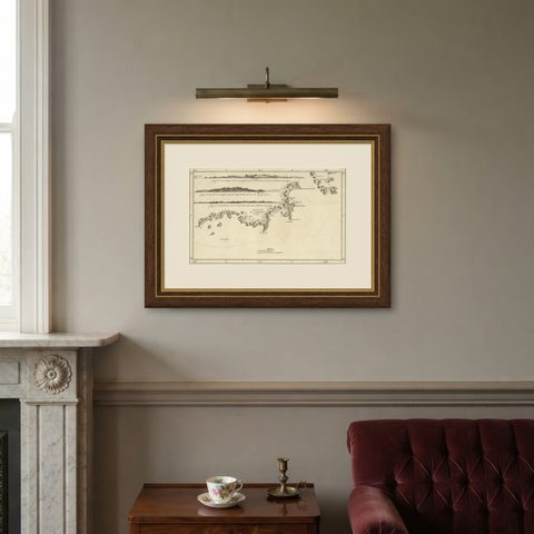 Antique Coastal Views and a Map of Van Diemens Land (Tasmania), Australia, 1803, shown framed on a wall
