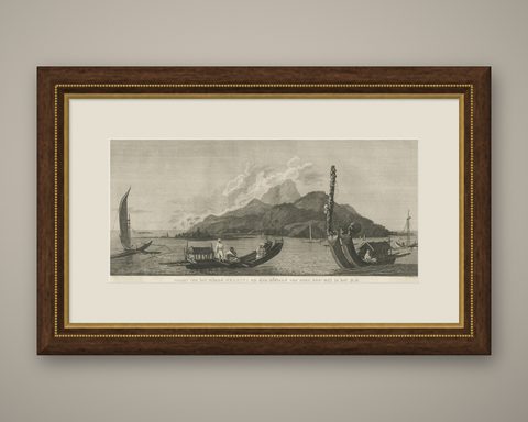 View of the Island of Tahiti, with Outrigger Canoes and Sailing Catamarans, 1803, shown framed