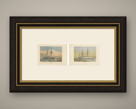 Set of 2 Antique Prints of HMS Ships by Griffin & Co, 1880, shown framed
