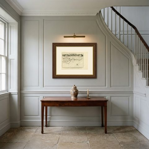 Antique Map of the Coast of Juan Fernandez by Van Schley, 1757, shown framed in a room