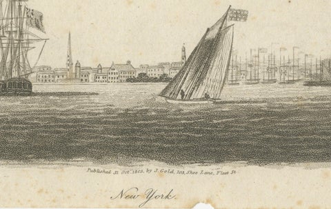 New York Harbor Panorama, sailing ships & city skyline, British engraving, 18050, close-up 3