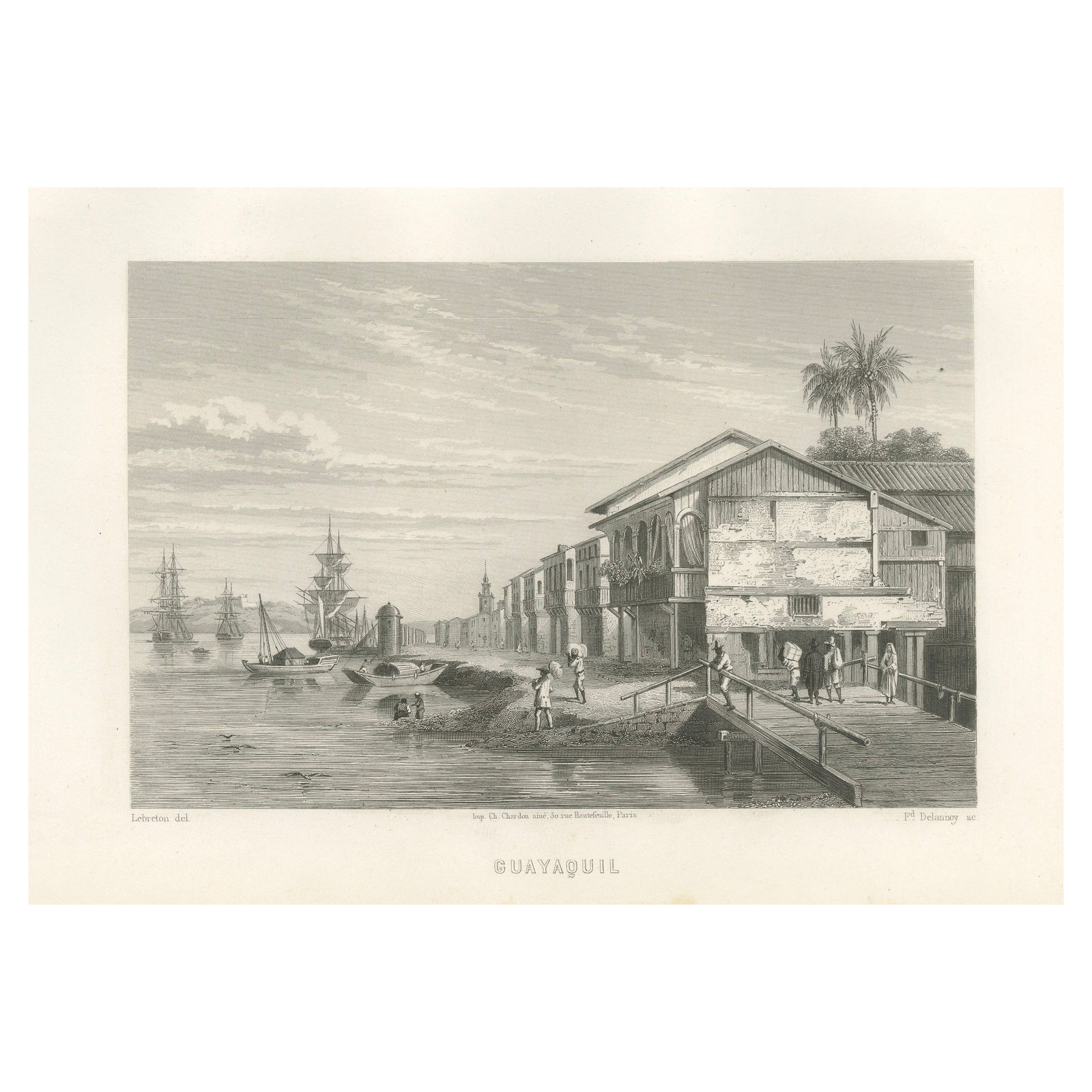 Antique Engraving of Guayaquil, Waterfront and Harbor City View, 1867