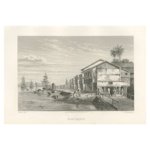 Antique Engraving of Guayaquil, Waterfront and Harbor City View, 1867