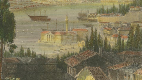 Bosporus Harbor View from Pera, Istanbul Arsenal, Antique Bartlett, c.1839, close-up 4