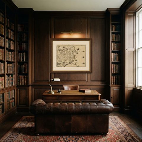 Uncommon Antique Map of the English Channel Coastline, ca.1709, shown framed in a room