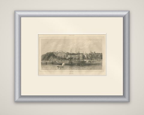 Antique View of Quebec City from the Water, Canadian Harbour Scene, c.1850, shown framed