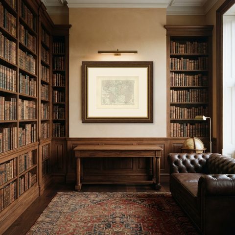 Antique Physical Chart of the Atlantic Ocean by Johnston '1850', shown framed in a room