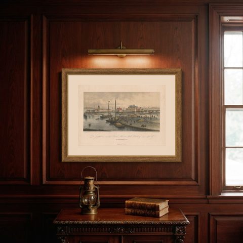 Antique Print of the Harbour of the IJ 'Amsterdam' by Stemler '1871', shown framed on a wall