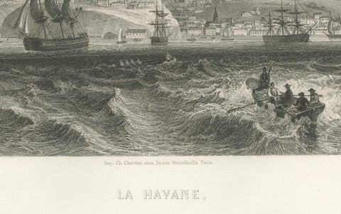 Rare Antique Engraving, Havana, Cuba, Harbor and City Landscape, 1867, close-up 2
