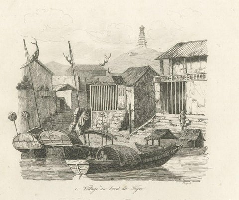 Antique Print of Chinese Boats and a Chinese Village by Dumont d'Urville '1834', close-up 1