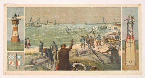 Large Lighthouse Rescue Schoolplate, Josef Klemm Chromolithograph, c.1900, close-up 2