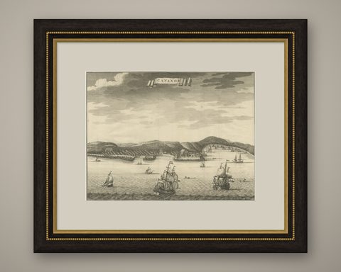 Antique Print of Kannur or Cananore with Ships, in Kerala, India, 1726, shown framed