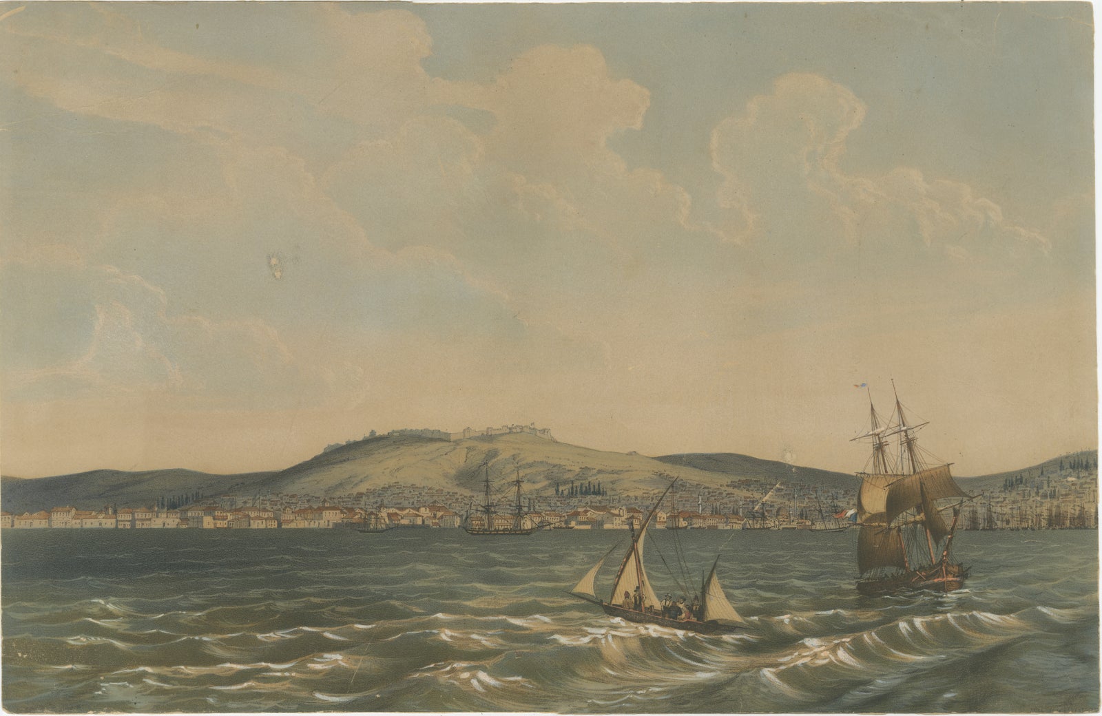 View of the Dardanelles: Fortified Hill and Ships, Hand-Colored Lithograph, 1840