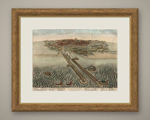 Spectacular 1770 Bird's-Eye View of Dunkirk Harbor by Basset, with 66 Landmarks, shown framed