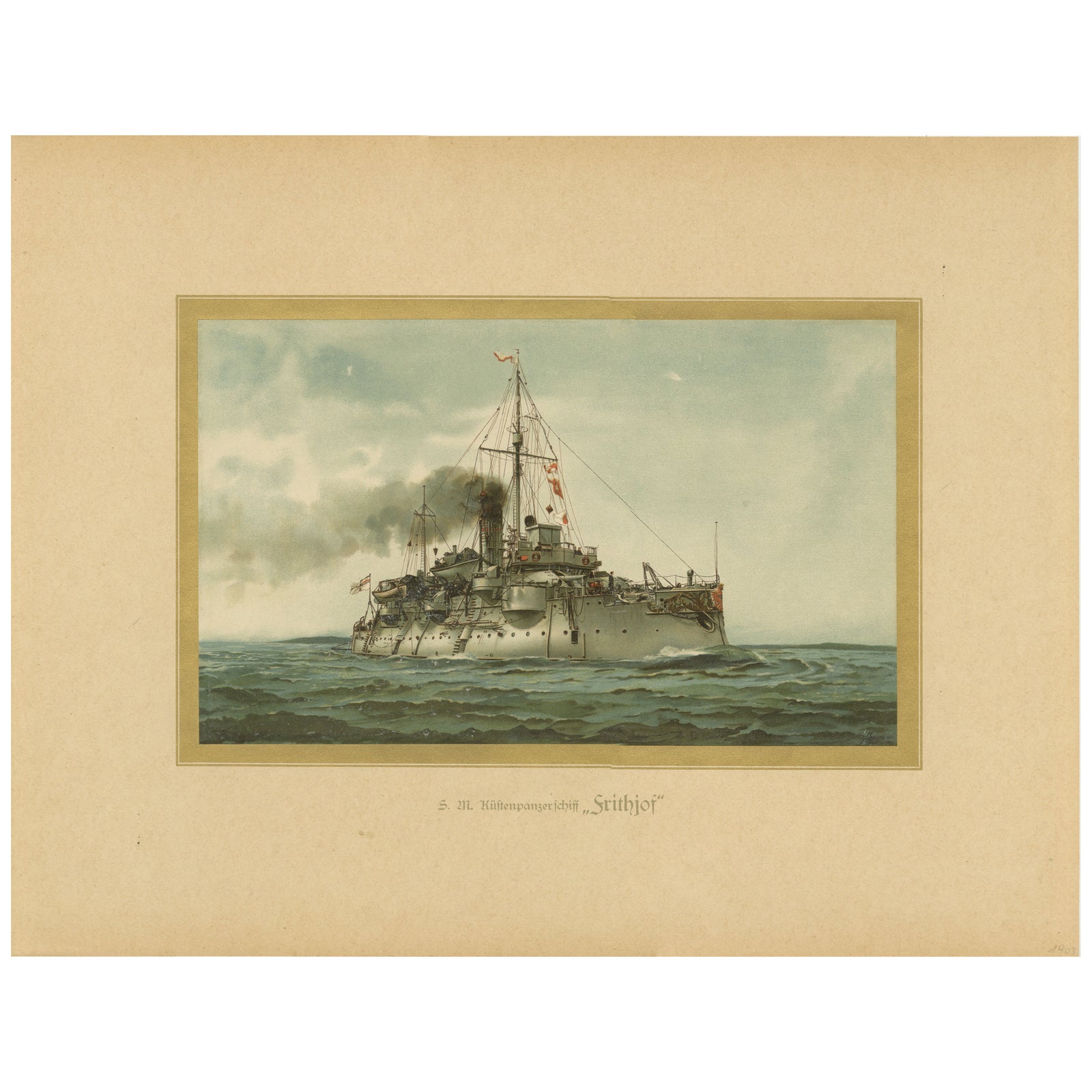 SMS Siegfried: Chromolithograph of a German Coastal Defense Ship from the 1890s