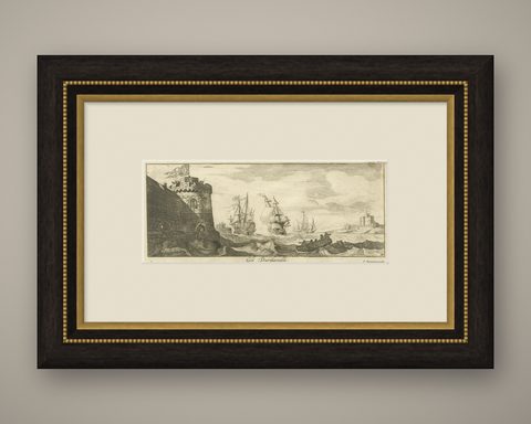 Engraved View of the Dardanelles with Fortifications and Ships, ca. 1680, shown framed