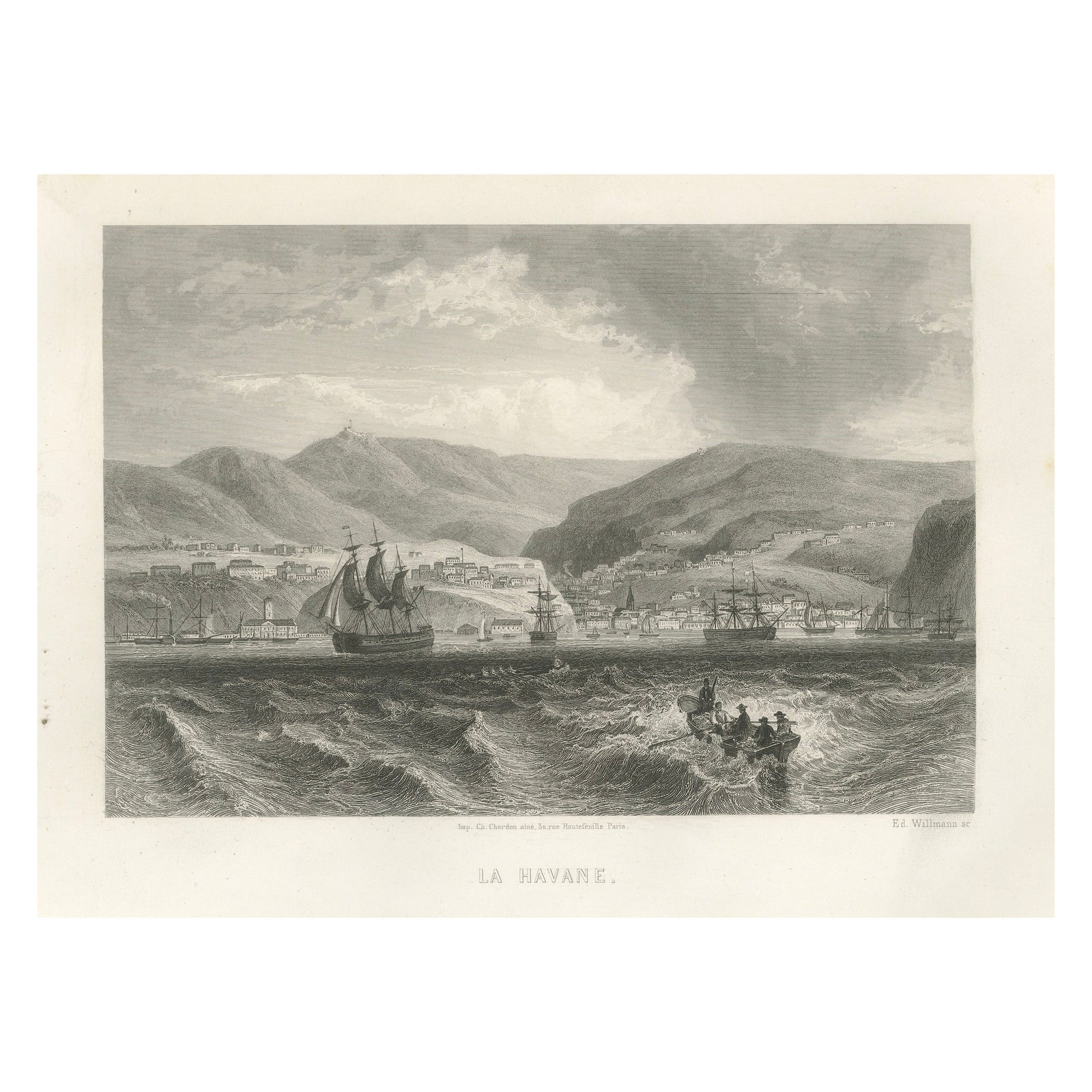 Rare Antique Engraving, Havana, Cuba, Harbor and City Landscape, 1867