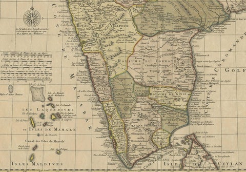 Detailed Decorative Antique Map of the Coast of Malabar and Coromandel, India, close-up 2