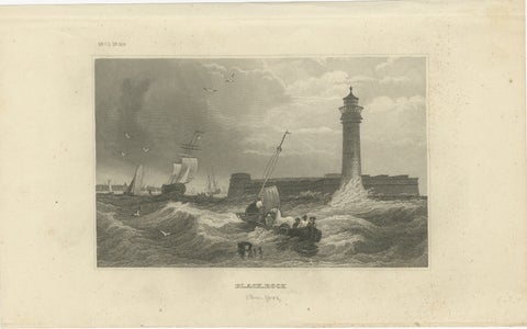 Black Rock New York Harbor Lighthouse, Antique Steel Engraving c.1850, view 2